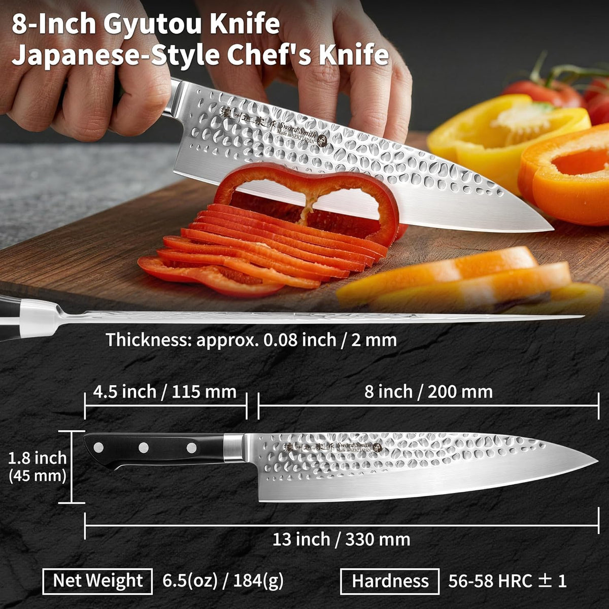 8 Inch Japanese Chef Knife, Made in Japan, Full Tang High Carbon Molybdenum Stainless Steel Gyuto Knife with Hammered Finish for Rock Chopping Meat, Fish and Vegetables