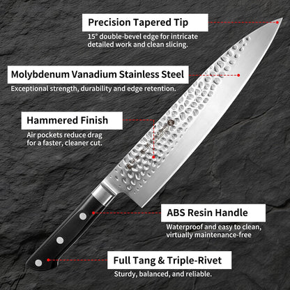 8 Inch Japanese Chef Knife, Made in Japan, Full Tang High Carbon Molybdenum Stainless Steel Gyuto Knife with Hammered Finish for Rock Chopping Meat, Fish and Vegetables