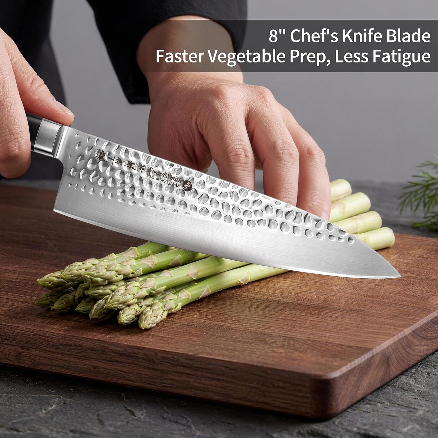8 Inch Japanese Chef Knife, Made in Japan, Full Tang High Carbon Molybdenum Stainless Steel Gyuto Knife with Hammered Finish for Rock Chopping Meat, Fish and Vegetables