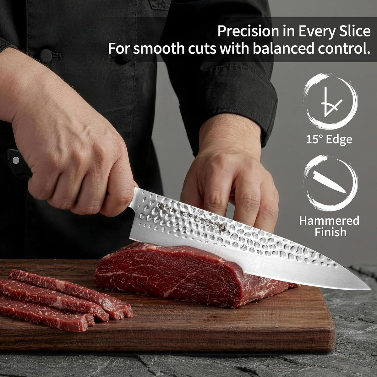 8 Inch Japanese Chef Knife, Made in Japan, Full Tang High Carbon Molybdenum Stainless Steel Gyuto Knife with Hammered Finish for Rock Chopping Meat, Fish and Vegetables