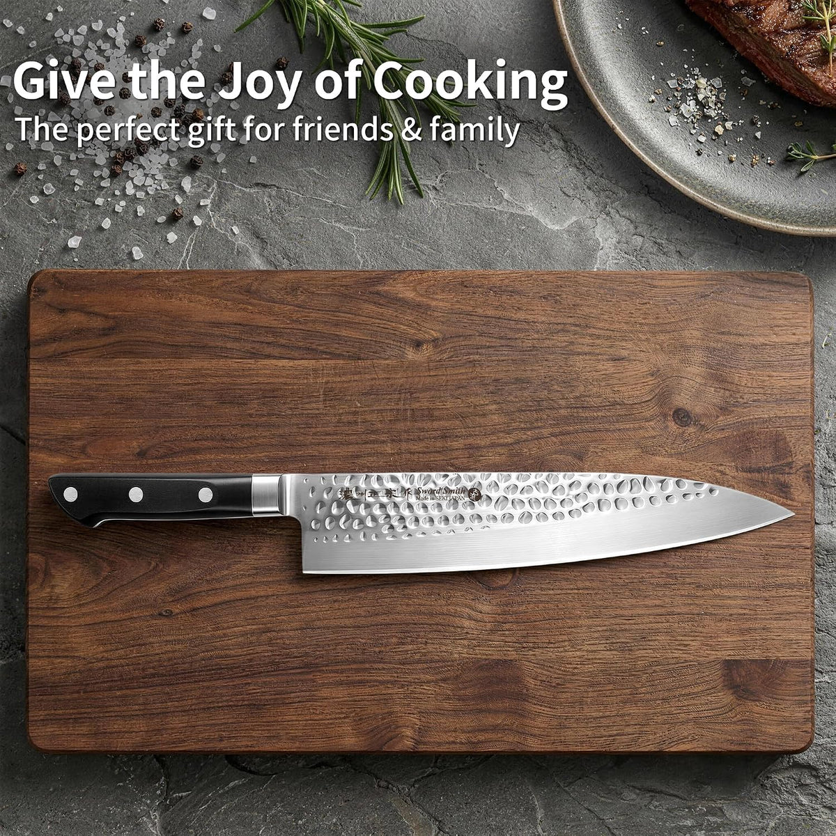 8 Inch Japanese Chef Knife, Made in Japan, Full Tang High Carbon Molybdenum Stainless Steel Gyuto Knife with Hammered Finish for Rock Chopping Meat, Fish and Vegetables