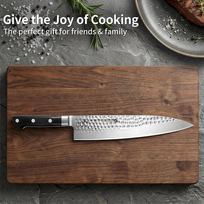 8 Inch Japanese Chef Knife, Made in Japan, Full Tang High Carbon Molybdenum Stainless Steel Gyuto Knife with Hammered Finish for Rock Chopping Meat, Fish and Vegetables