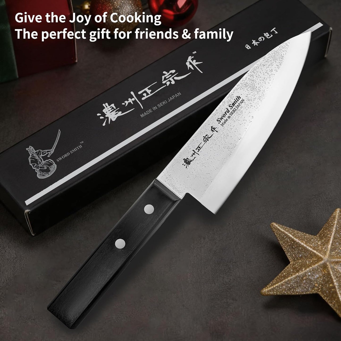 8 Inch Japanese Chef Knife, Made in Japan, Full Tang High Carbon Molybdenum Stainless Steel Gyuto Knife with Hammered Finish for Rock Chopping Meat, Fish and Vegetables