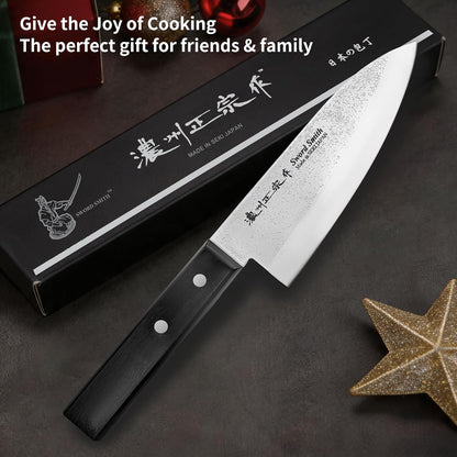 8 Inch Japanese Chef Knife, Made in Japan, Full Tang High Carbon Molybdenum Stainless Steel Gyuto Knife with Hammered Finish for Rock Chopping Meat, Fish and Vegetables