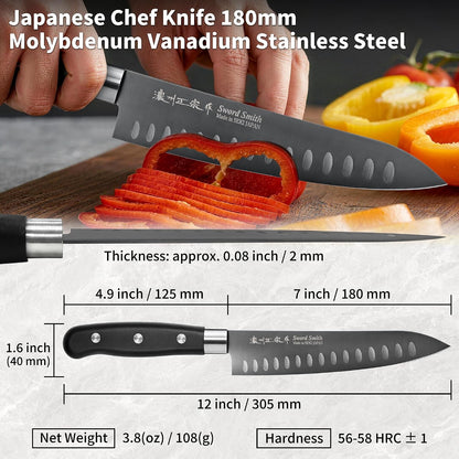 8 Inch Japanese Chef Knife, Made in Japan, Full Tang High Carbon Molybdenum Stainless Steel Gyuto Knife with Hammered Finish for Rock Chopping Meat, Fish and Vegetables