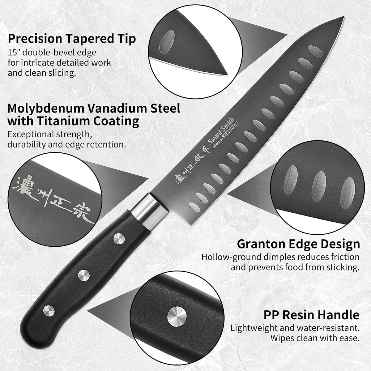 8 Inch Japanese Chef Knife, Made in Japan, Full Tang High Carbon Molybdenum Stainless Steel Gyuto Knife with Hammered Finish for Rock Chopping Meat, Fish and Vegetables