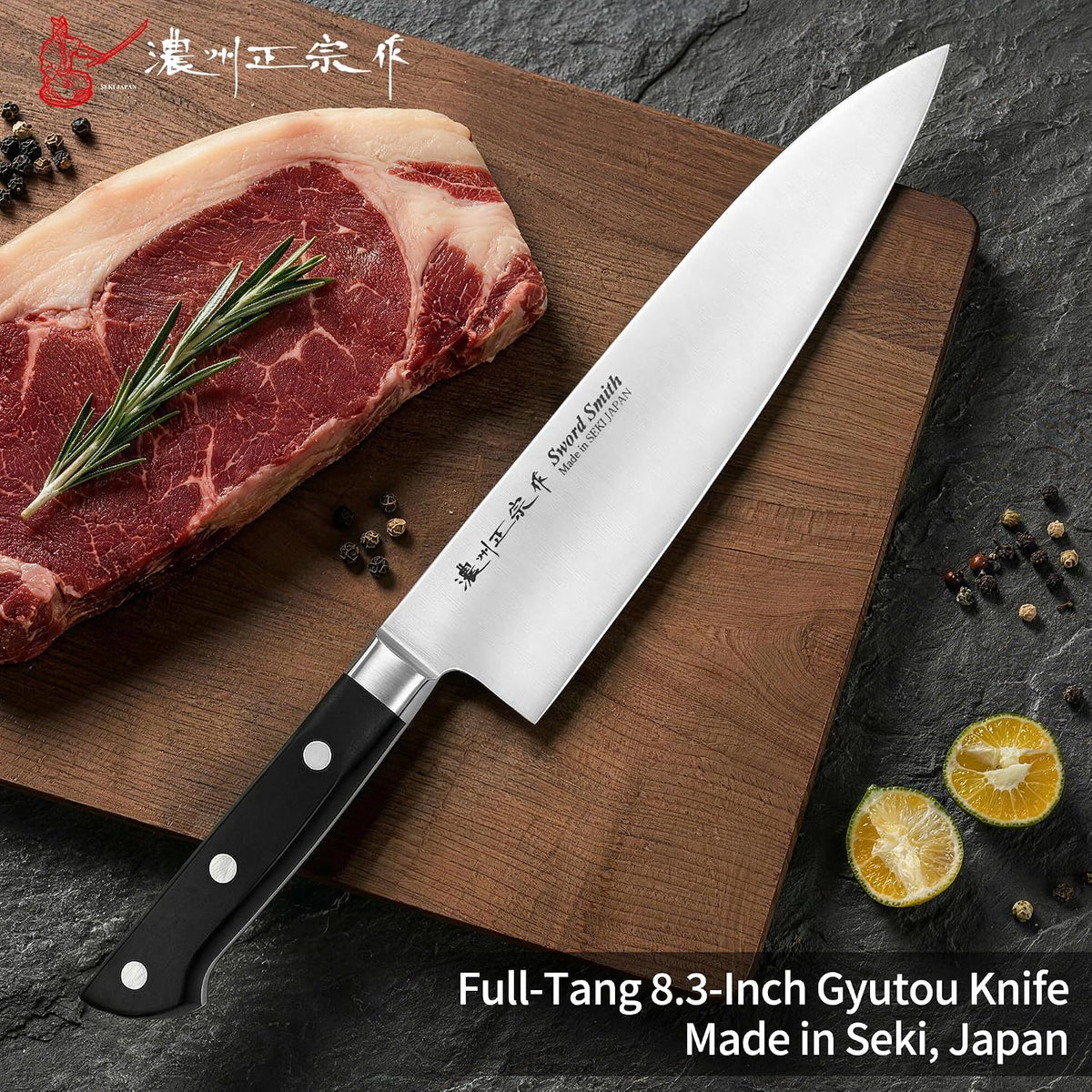 8 Inch Japanese Chef Knife, Made in Japan, Full Tang High Carbon Molybdenum Stainless Steel Gyuto Knife with Hammered Finish for Rock Chopping Meat, Fish and Vegetables