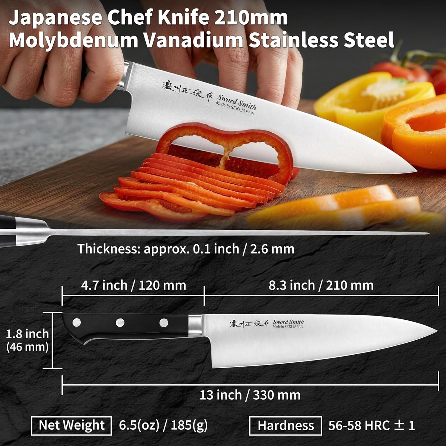 8 Inch Japanese Chef Knife, Made in Japan, Full Tang High Carbon Molybdenum Stainless Steel Gyuto Knife with Hammered Finish for Rock Chopping Meat, Fish and Vegetables
