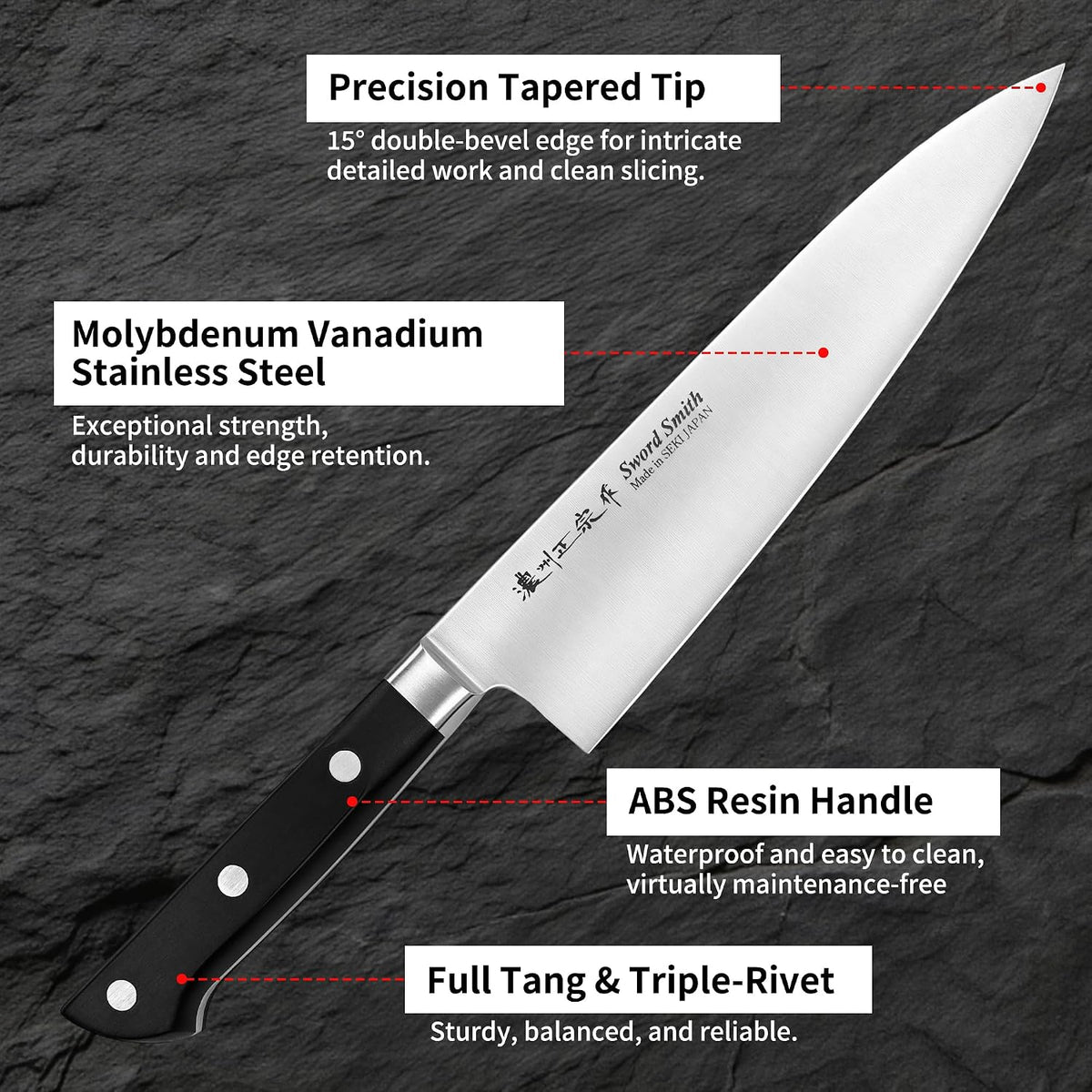 8 Inch Japanese Chef Knife, Made in Japan, Full Tang High Carbon Molybdenum Stainless Steel Gyuto Knife with Hammered Finish for Rock Chopping Meat, Fish and Vegetables