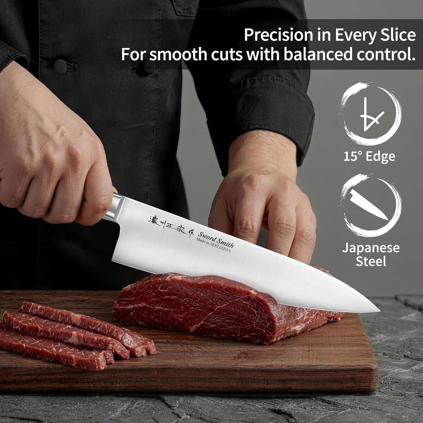 8 Inch Japanese Chef Knife, Made in Japan, Full Tang High Carbon Molybdenum Stainless Steel Gyuto Knife with Hammered Finish for Rock Chopping Meat, Fish and Vegetables