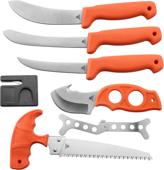 Deer Hunting Knife Set, 9 Pcs Field Dressing Kit with Portable Box, Skinning Knife, Butcher Knife, Gut Hook, Bone Saw, Spreader, Sharpener, Hunting Gifts for Men