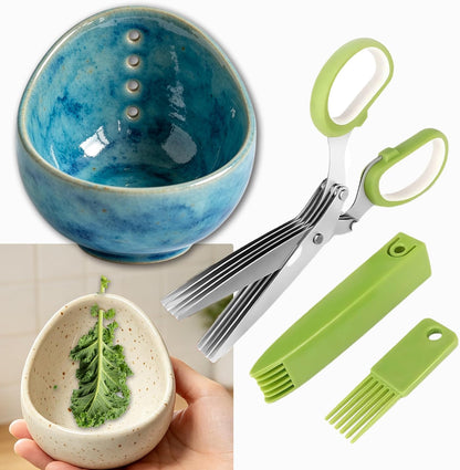 2025 Latest Herb Stripper Pottery Bowl Cutter Tool: Stripping Ceramic Fresh Herbs Kale Striper Cilantro Cutting Razor Gift Herbalists Peeler Shredder Chopper Clay Small Cup (Blue(No Scissor))