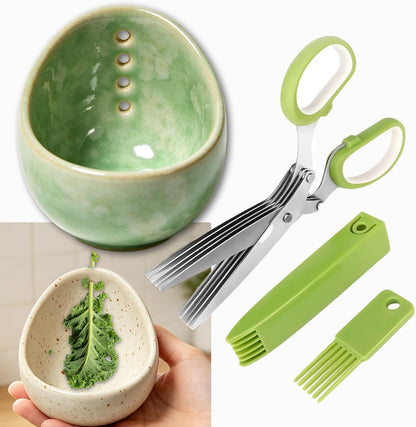 2025 Latest Herb Stripper Pottery Bowl Cutter Tool: Stripping Ceramic Fresh Herbs Kale Striper Cilantro Cutting Razor Gift Herbalists Peeler Shredder Chopper Clay Small Cup (Blue(No Scissor))