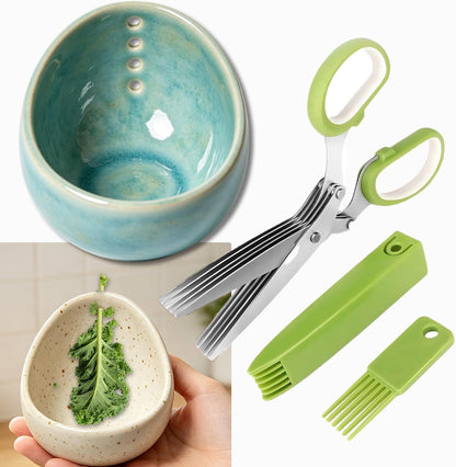 2025 Latest Herb Stripper Pottery Bowl Cutter Tool: Stripping Ceramic Fresh Herbs Kale Striper Cilantro Cutting Razor Gift Herbalists Peeler Shredder Chopper Clay Small Cup (Blue(No Scissor))