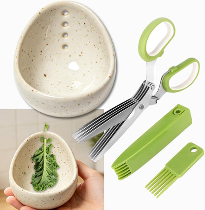 2025 Latest Herb Stripper Pottery Bowl Cutter Tool: Stripping Ceramic Fresh Herbs Kale Striper Cilantro Cutting Razor Gift Herbalists Peeler Shredder Chopper Clay Small Cup (Blue(No Scissor))