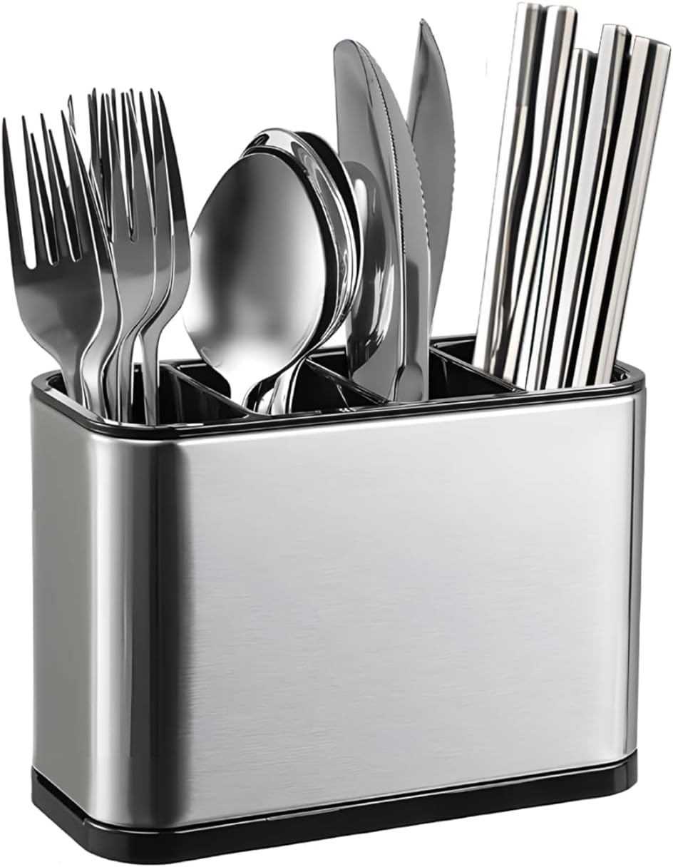 Silverware Organizer, Kitchen Utensil Holder for Counter, Stainless Steel Caddy with 4 Compartments Flatware Spoon Fork Tools Cutlery Holder Silverware Caddy for Utensil Holder（Silvery）