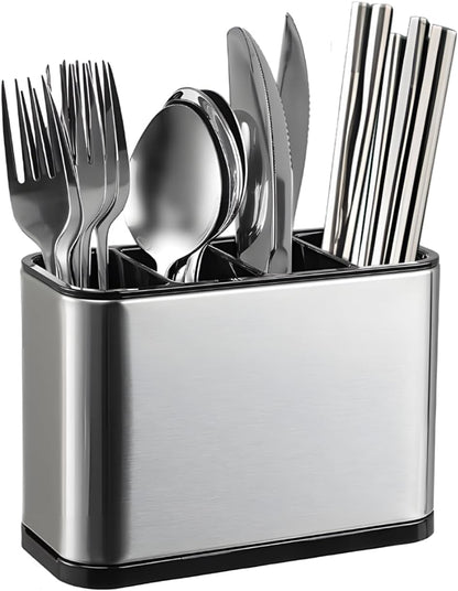Silverware Organizer, Kitchen Utensil Holder for Counter, Stainless Steel Caddy with 4 Compartments Flatware Spoon Fork Tools Cutlery Holder Silverware Caddy for Utensil Holder（Silvery）