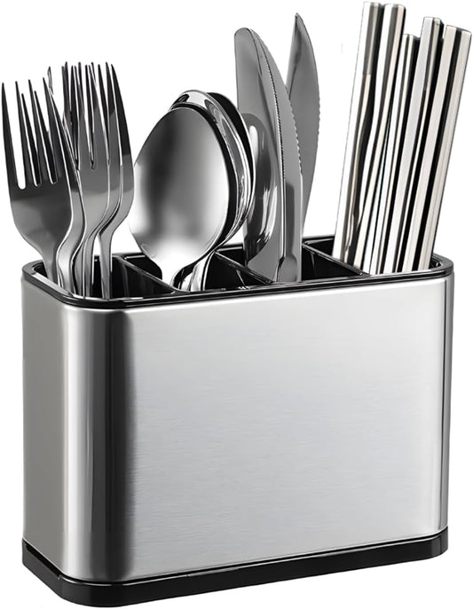 Silverware Organizer, Kitchen Utensil Holder for Counter, Stainless Steel Caddy with 4 Compartments Flatware Spoon Fork Tools Cutlery Holder Silverware Caddy for Utensil Holder（Silvery）