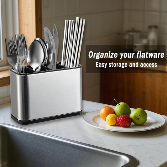Silverware Organizer, Kitchen Utensil Holder for Counter, Stainless Steel Caddy with 4 Compartments Flatware Spoon Fork Tools Cutlery Holder Silverware Caddy for Utensil Holder（Silvery）