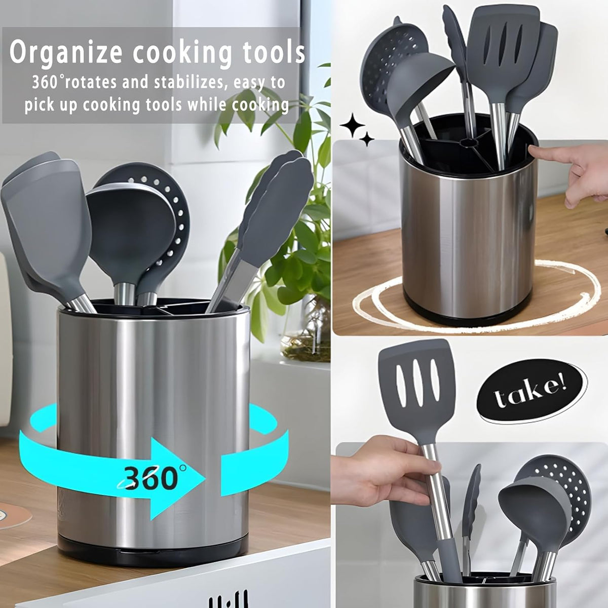 Silverware Organizer, Kitchen Utensil Holder for Counter, Stainless Steel Caddy with 4 Compartments Flatware Spoon Fork Tools Cutlery Holder Silverware Caddy for Utensil Holder（Silvery）