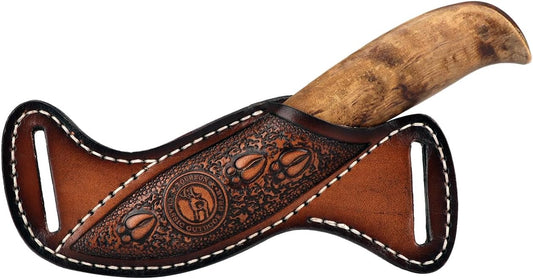 Leather Knife Sheath -Horizontal Pancake Belt Fixed Folding Knives Holster | Right Side Draw,Angled Design,Fits 1.5" Belt Wide,For Workshop,Hiking,Camping,Hunting, Retro Pattern,Open-Top Access,Compact