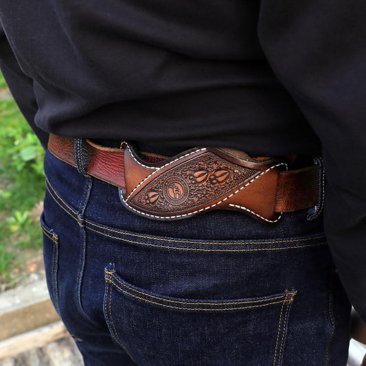 Leather Knife Sheath -Horizontal Pancake Belt Fixed Folding Knives Holster | Right Side Draw,Angled Design,Fits 1.5" Belt Wide,For Workshop,Hiking,Camping,Hunting, Retro Pattern,Open-Top Access,Compact