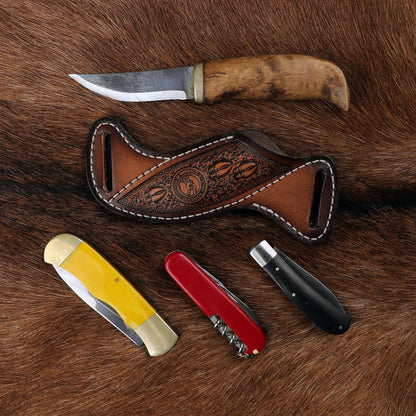 Leather Knife Sheath -Horizontal Pancake Belt Fixed Folding Knives Holster | Right Side Draw,Angled Design,Fits 1.5" Belt Wide,For Workshop,Hiking,Camping,Hunting, Retro Pattern,Open-Top Access,Compact