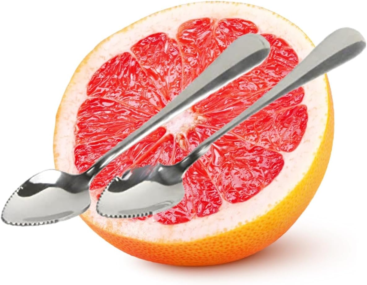 GrapeFruit Spoons with Serrated Edge Set of 2 - Stainless Steel Easy Cut and Scoop Grapefruit Spoons - Polished Mirror Food Grade - Longer Spoon Handle - Dishwasher Safe