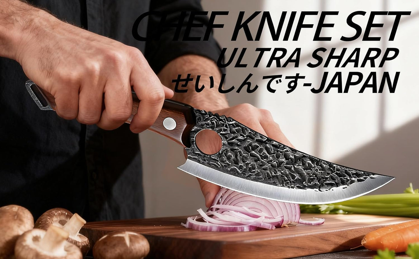 Viking Knife, Butcher Knife Set Hand Forged Boning Knives, Japanese Serbian Chef knives Kitchen Chopping for Meat Cutting Chefs Cleaver Camping Cooking, BBQ, Gifts for Men
