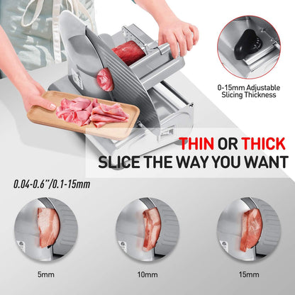 Meat Slicer, Electric Deil Food Slicer with Removable 9” Stainless Steel Blade, Deli Cheese Fruit Vegetable Bread Cutter with Adjustable Knob for Thickness, Food Carriage & Non-Slip Feet