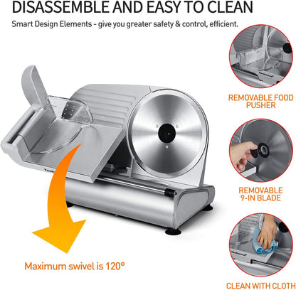 Meat Slicer, Electric Deil Food Slicer with Removable 9” Stainless Steel Blade, Deli Cheese Fruit Vegetable Bread Cutter with Adjustable Knob for Thickness, Food Carriage & Non-Slip Feet