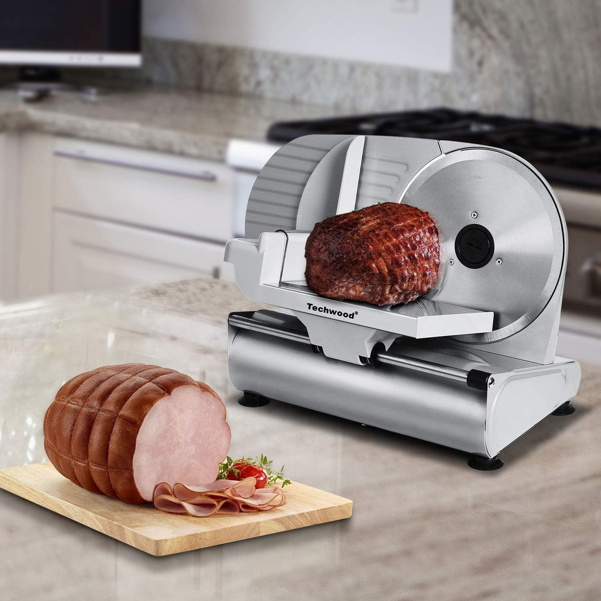 Meat Slicer, Electric Deil Food Slicer with Removable 9” Stainless Steel Blade, Deli Cheese Fruit Vegetable Bread Cutter with Adjustable Knob for Thickness, Food Carriage & Non-Slip Feet