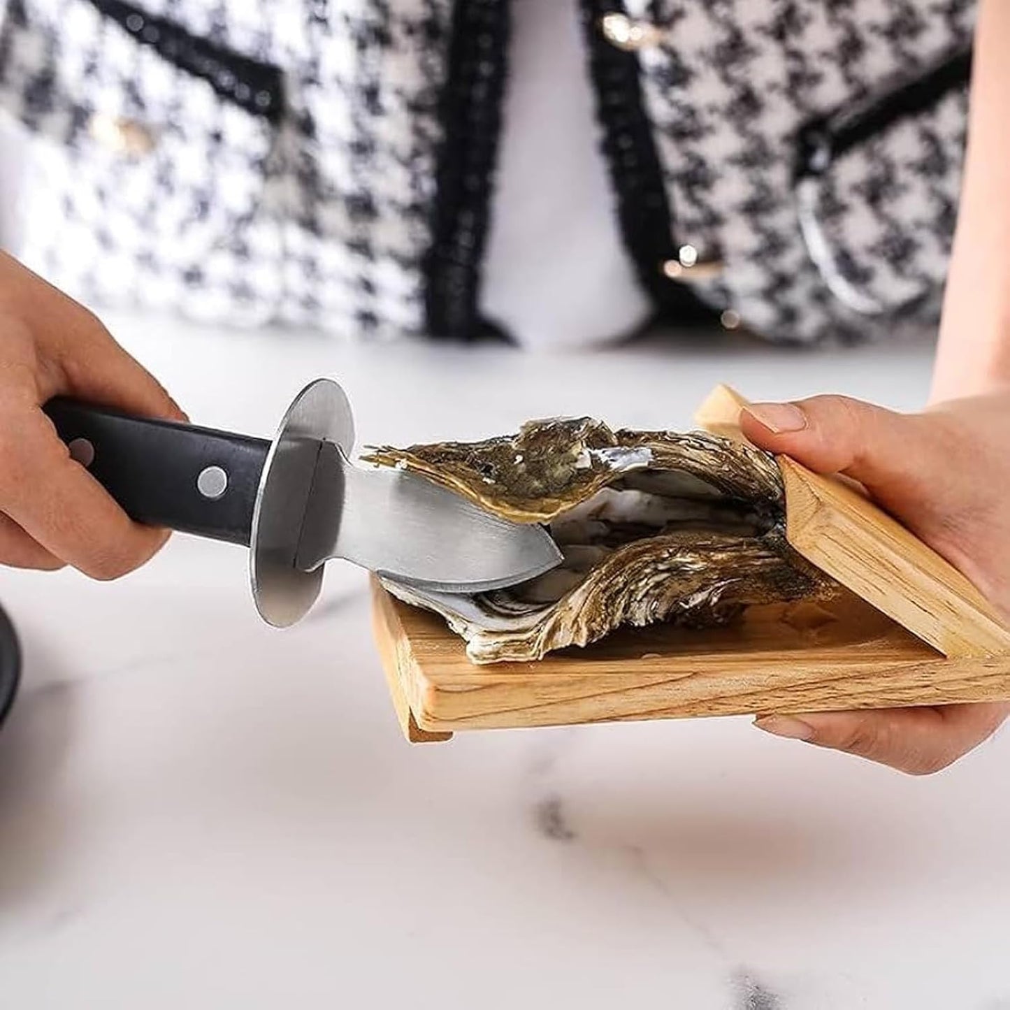 Oyster Shucker Set - Professional Stainless Steel Oyster Shucking Kit with Wooden Holder, Safe Shell Opener Tool for Kitchen, Seafood Restaurant, Home Use