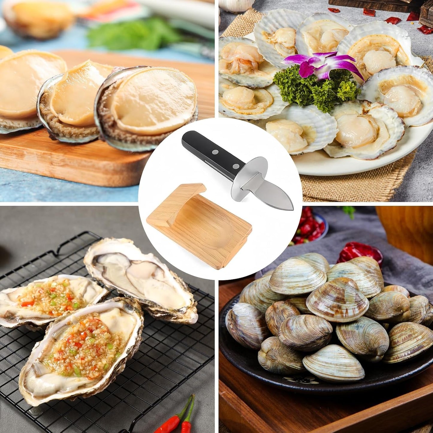 Oyster Shucker Set - Professional Stainless Steel Oyster Shucking Kit with Wooden Holder, Safe Shell Opener Tool for Kitchen, Seafood Restaurant, Home Use