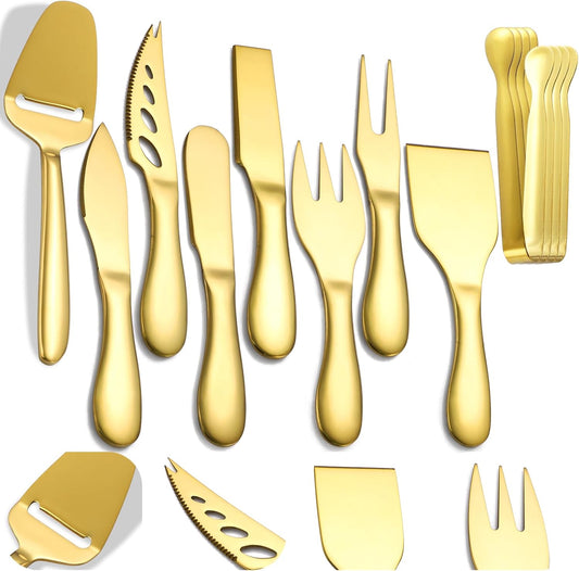 Premium Stainless Steel Gold Cheese Tool Set - 12 Piece Cheese Knife & Cheese Markers Gifts Set - Cut, Butter Spreader Slicer Mini Serving Tongs,Birthday Wedding Christmas All Your Favorite Cheeses