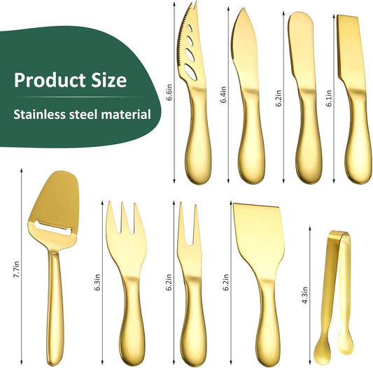Premium Stainless Steel Gold Cheese Tool Set - 12 Piece Cheese Knife & Cheese Markers Gifts Set - Cut, Butter Spreader Slicer Mini Serving Tongs,Birthday Wedding Christmas All Your Favorite Cheeses