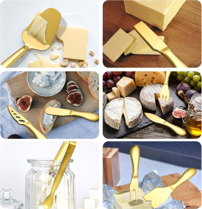 Premium Stainless Steel Gold Cheese Tool Set - 12 Piece Cheese Knife & Cheese Markers Gifts Set - Cut, Butter Spreader Slicer Mini Serving Tongs,Birthday Wedding Christmas All Your Favorite Cheeses