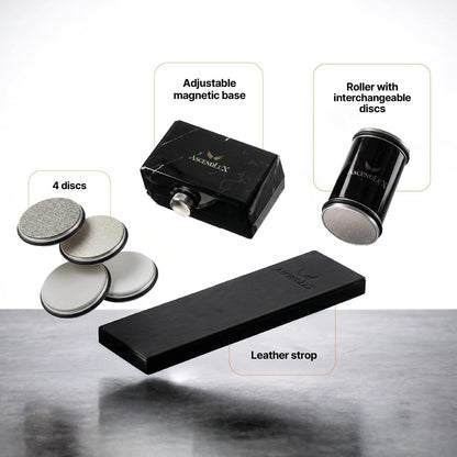 Premium Rolling Knife Sharpener Kit with Adjustable 10°–30° Angle, 4 Disc System (Diamond 400/800, Whetstone 3000, Ceramic 8000) & Leather Strop – Professional Kitchen Knife Sharpener Tool