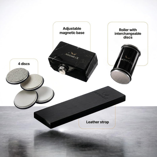 Premium Rolling Knife Sharpener Kit with Adjustable 10°–30° Angle, 4 Disc System (Diamond 400/800, Whetstone 3000, Ceramic 8000) & Leather Strop – Professional Kitchen Knife Sharpener Tool