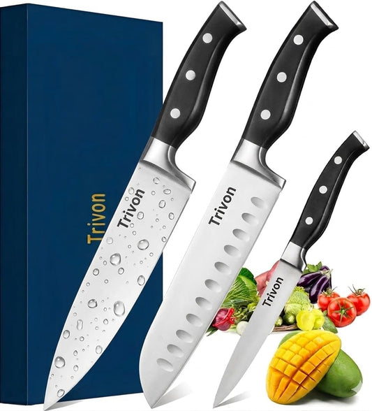 Kitchen Knife Set with Gift Box – 3-Piece Professional Chef Knife Set, Japanese High-Carbon Stainless Steel Ultra-Sharp Cooking Knives 8" Chef Knife + 7" Santoku + 5" Utility Knife