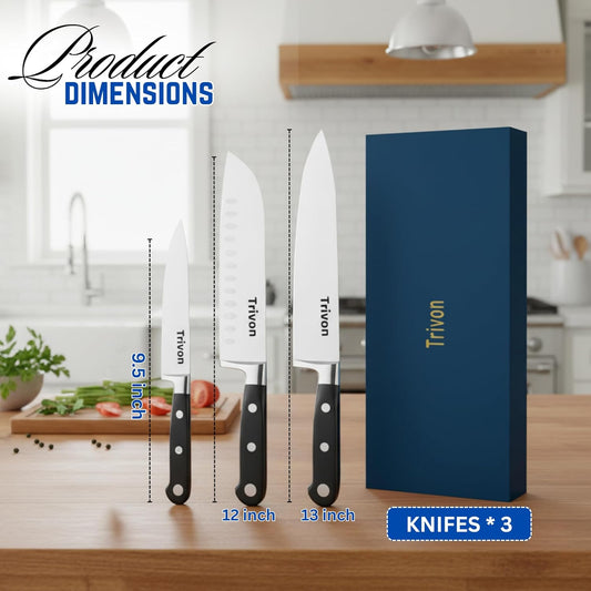 Kitchen Knife Set with Gift Box – 3-Piece Professional Chef Knife Set, Japanese High-Carbon Stainless Steel Ultra-Sharp Cooking Knives 8" Chef Knife + 7" Santoku + 5" Utility Knife