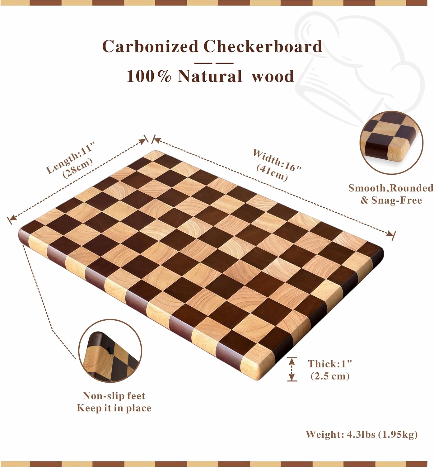 Checkered Cutting Board for Kitchen, 16"L x 11"W x 1"Th – Wooden Chopping, Cheese & Charcuterie Board in Acacia Wood, Butcher Block Serving Tray for Meat, Fruit, Bread & Vegetables