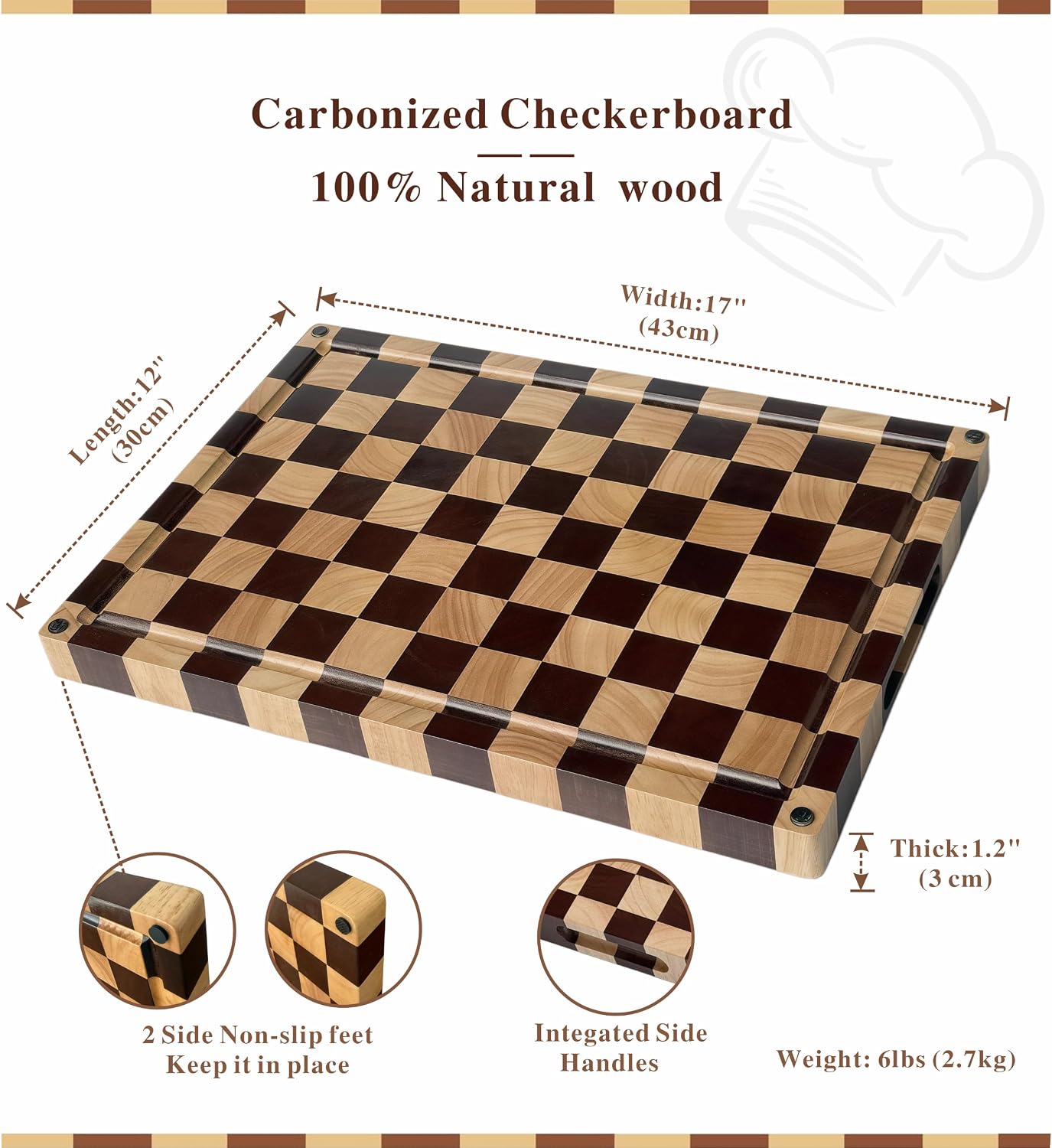 Checkered Cutting Board for Kitchen, 16"L x 11"W x 1"Th – Wooden Chopping, Cheese & Charcuterie Board in Acacia Wood, Butcher Block Serving Tray for Meat, Fruit, Bread & Vegetables