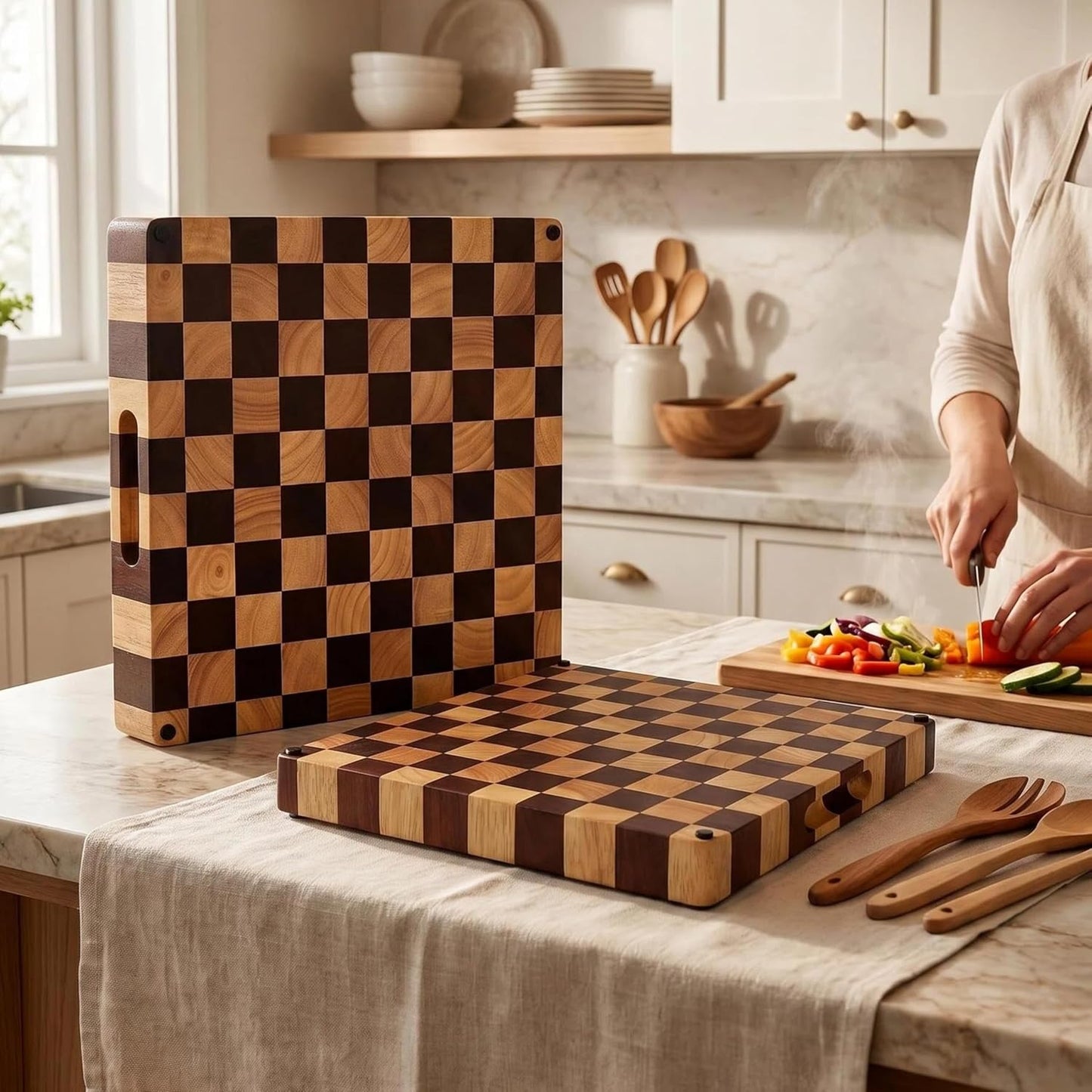 Checkered Cutting Board for Kitchen, 16"L x 11"W x 1"Th – Wooden Chopping, Cheese & Charcuterie Board in Acacia Wood, Butcher Block Serving Tray for Meat, Fruit, Bread & Vegetables