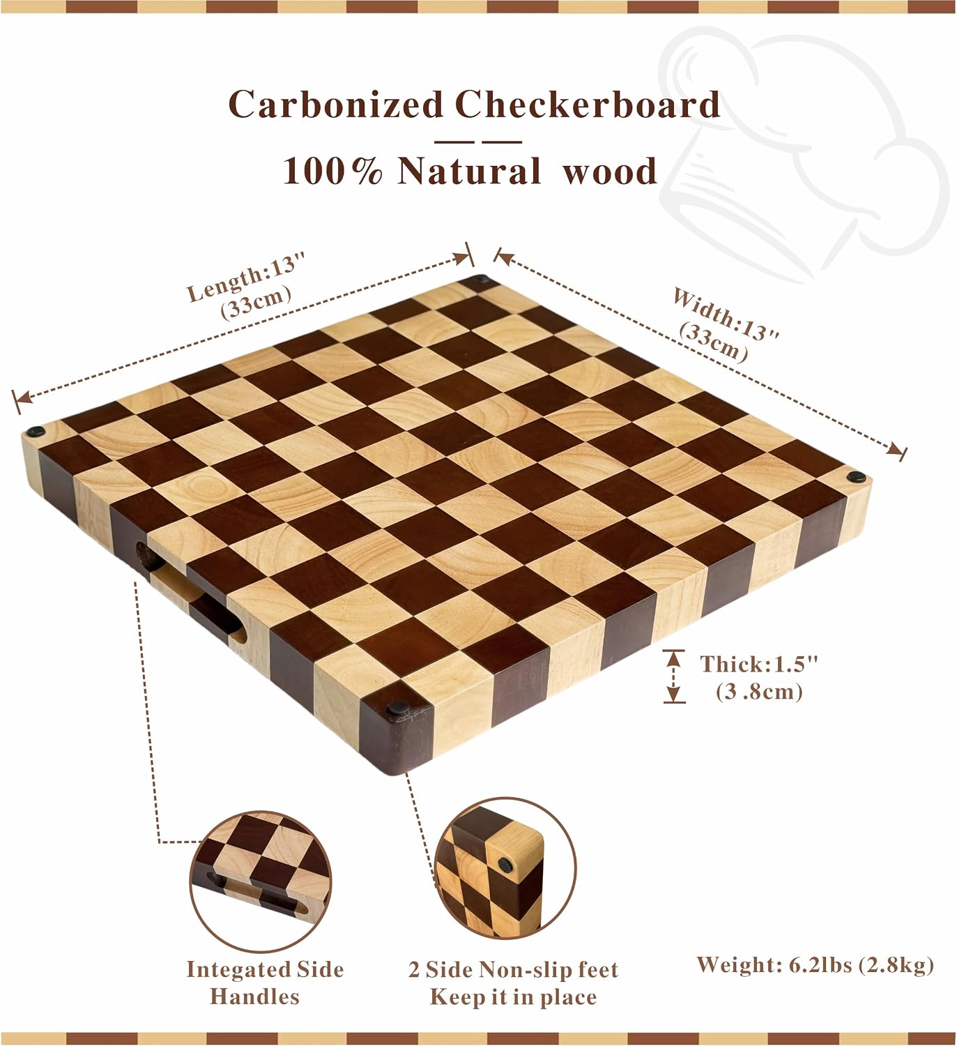 Checkered Cutting Board for Kitchen, 16"L x 11"W x 1"Th – Wooden Chopping, Cheese & Charcuterie Board in Acacia Wood, Butcher Block Serving Tray for Meat, Fruit, Bread & Vegetables
