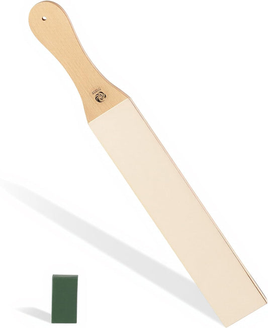 Top-Grain Leather Paddle Strop for Knife Sharpening, Double-Sided | 20 G Green Polishing Compound Included, Large Paddle, Wooden Handle with Hanging Hole, For Blades, Chisels, Woodcarving Tools