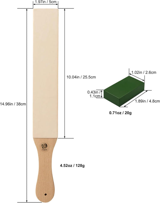 Top-Grain Leather Paddle Strop for Knife Sharpening, Double-Sided | 20 G Green Polishing Compound Included, Large Paddle, Wooden Handle with Hanging Hole, For Blades, Chisels, Woodcarving Tools