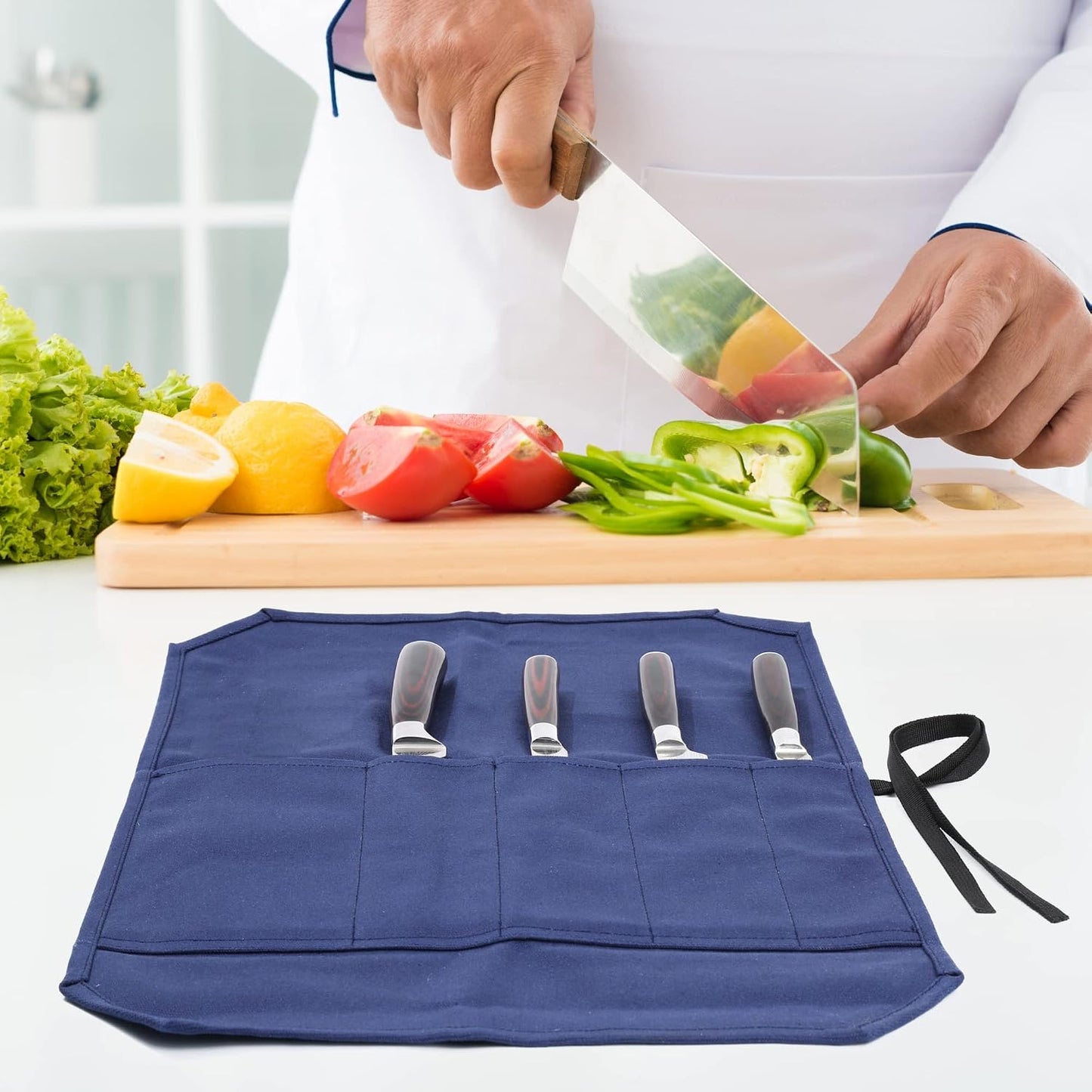 Knife Roll Bags, 16oz Waxed Canvas Knife Holder (4 Slots & Specialized Anti Cutting Fabric), Multi-Purpose Knife Pouch with Tie Rope, Khaki