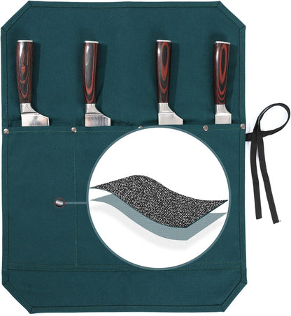 Knife Roll Bags, 16oz Waxed Canvas Knife Holder (4 Slots & Specialized Anti Cutting Fabric), Multi-Purpose Knife Pouch with Tie Rope, Khaki