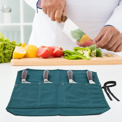 Knife Roll Bags, 16oz Waxed Canvas Knife Holder (4 Slots & Specialized Anti Cutting Fabric), Multi-Purpose Knife Pouch with Tie Rope, Khaki